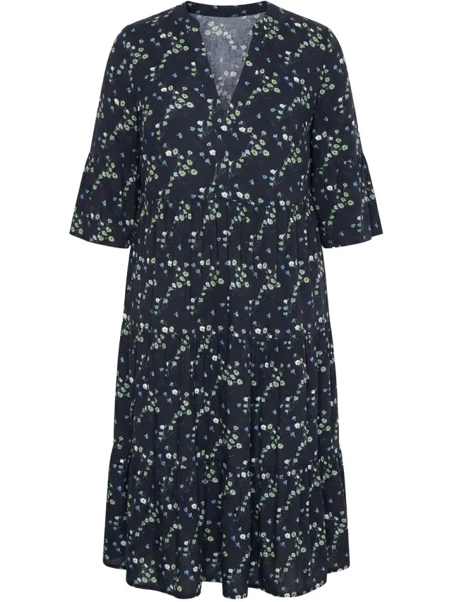Studio Untold Dames - Midi-jurk all-over print V-hals volant - Zwart - Maat 46+