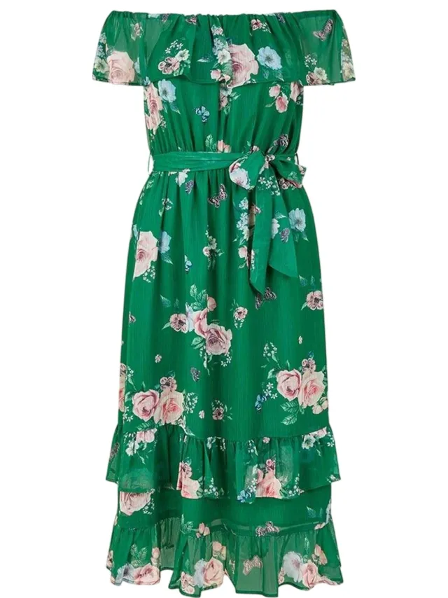 Yumi Midi-jurk met bloemenprint en blote schouders voor dames (Groen), foto 2