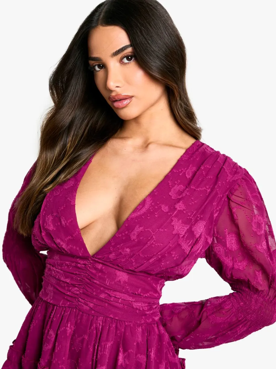 boohoo Dames Petite Paisley Burnout Pofmouwen Geruichte Skaterjurk pruim, foto 2