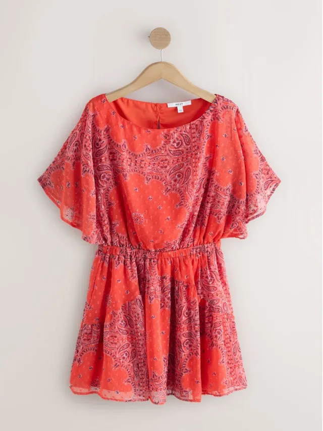 Next Dames - Getailleerde mini-jurk met kimonomouwen - Rood Red Paisley Print