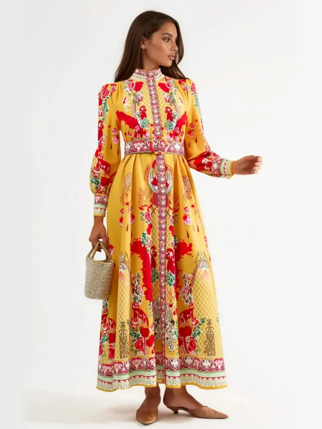 MSN Collection Bloemen Maxi Jurk met Ceintuur Geel