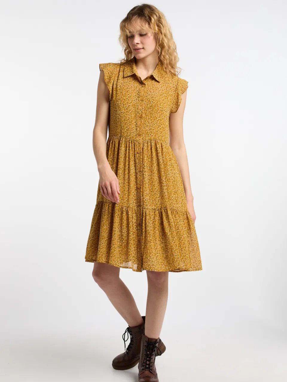 dreimaster Blouse jurk Dames Donkergeel veelkleurig Mosterdgeel
