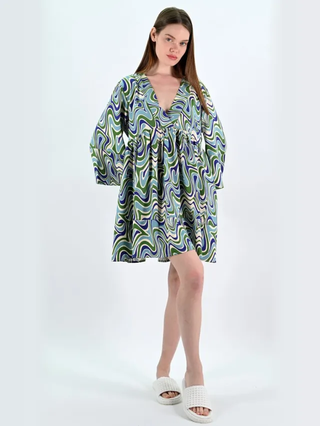 YESMOOI Mini Jurk met Golvend Motief - Zomerjurk - M (38) Blauw