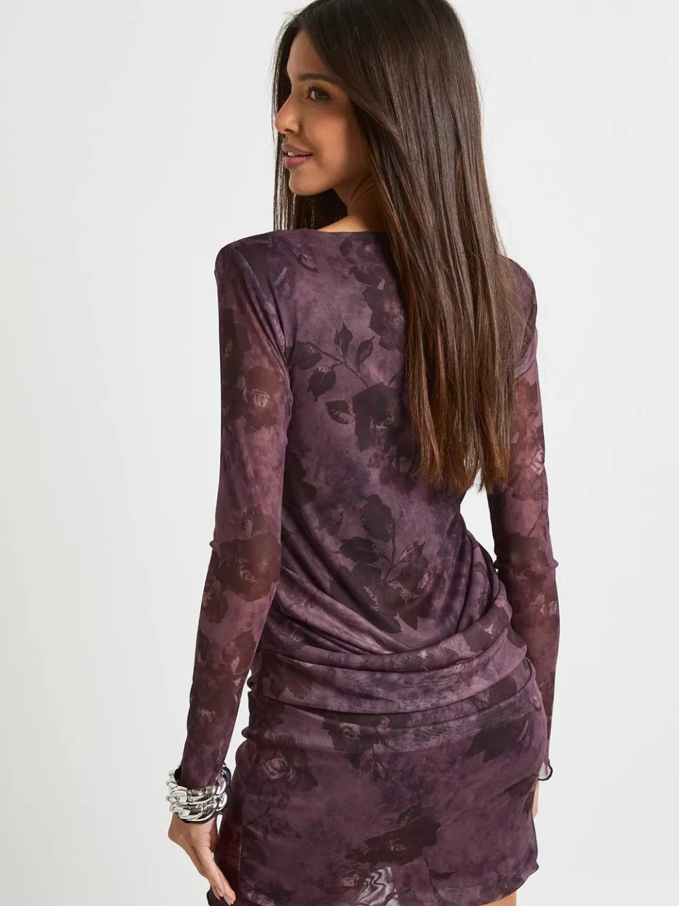 boohoo Dames Mini-jurk met floral mesh en draperende taille-details pruim, foto 2