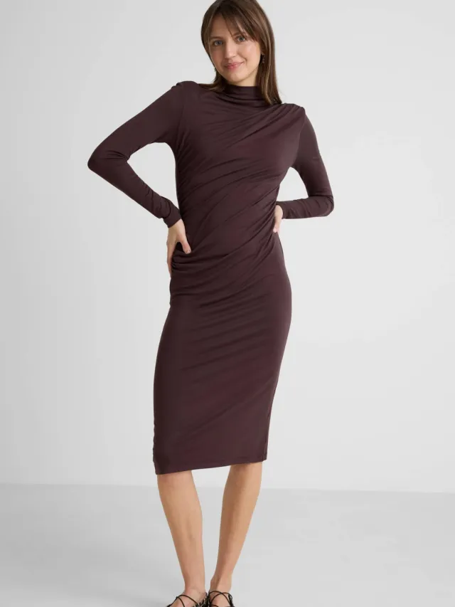 Anytime jersey midi jurk met gedrapeerd detail donkerbruin