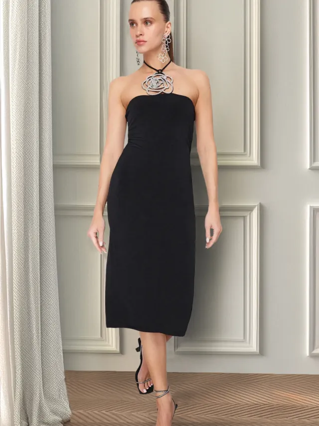 Trendyol TRENDYOLMİLLA Dames Zwart Effen Midi Mouwloos Cocktail Recht Jurken