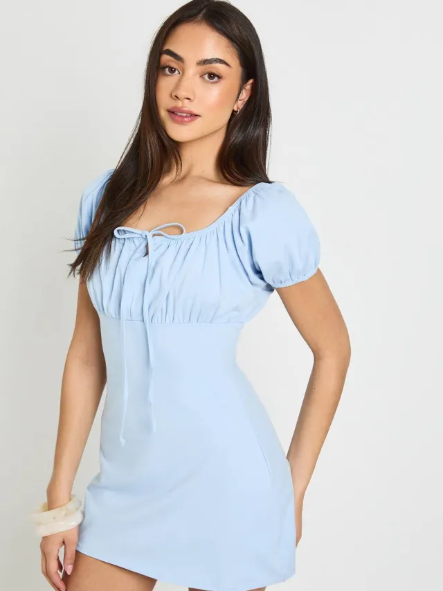 boohoo Dames Katoenen Melkmeisjeskraag Jurk Met Korte Mouwen Babyblauw