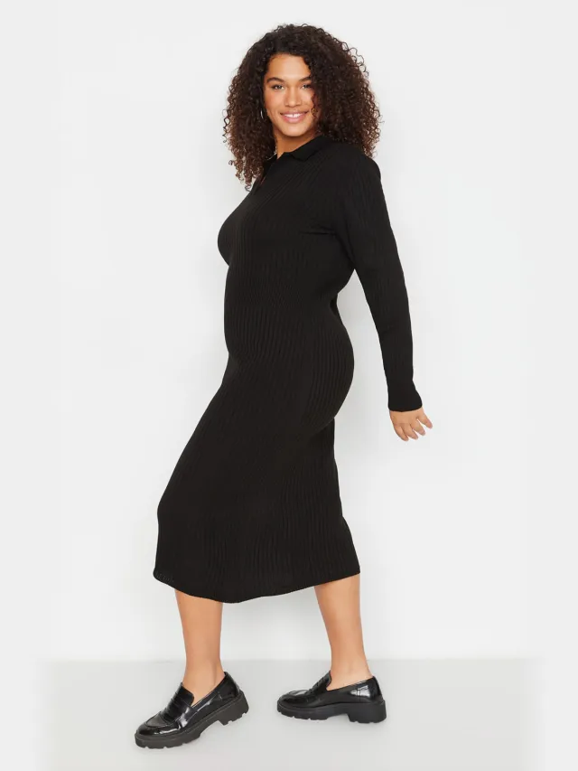 Trendyol Curve Dames Effen Midi Lang Casual Bodycon Grote maten Jurk zwart, foto 2