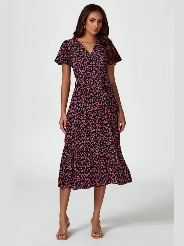 FS Collection Roze midi-jurk met bloemenprint in zwart