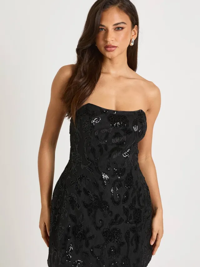 boohoo Dames Bandeau Gestructureerd Fluweel Kant Demask Skater Mini Jurk Zwart