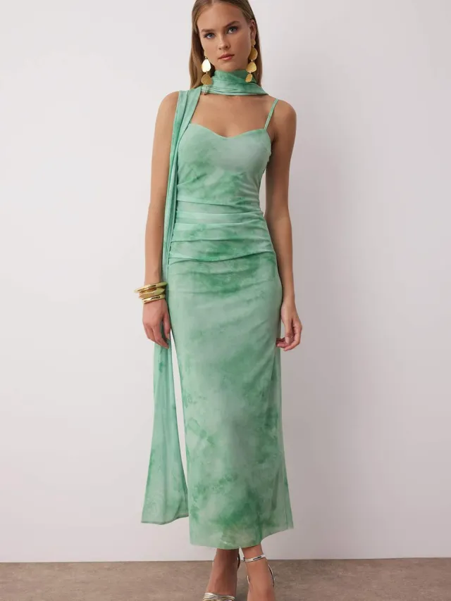 Trendyol TRENDYOLMİLLA Dames Groen Abstract Maxi Mouwloos Stijlvol/Avond Recht Jurken
