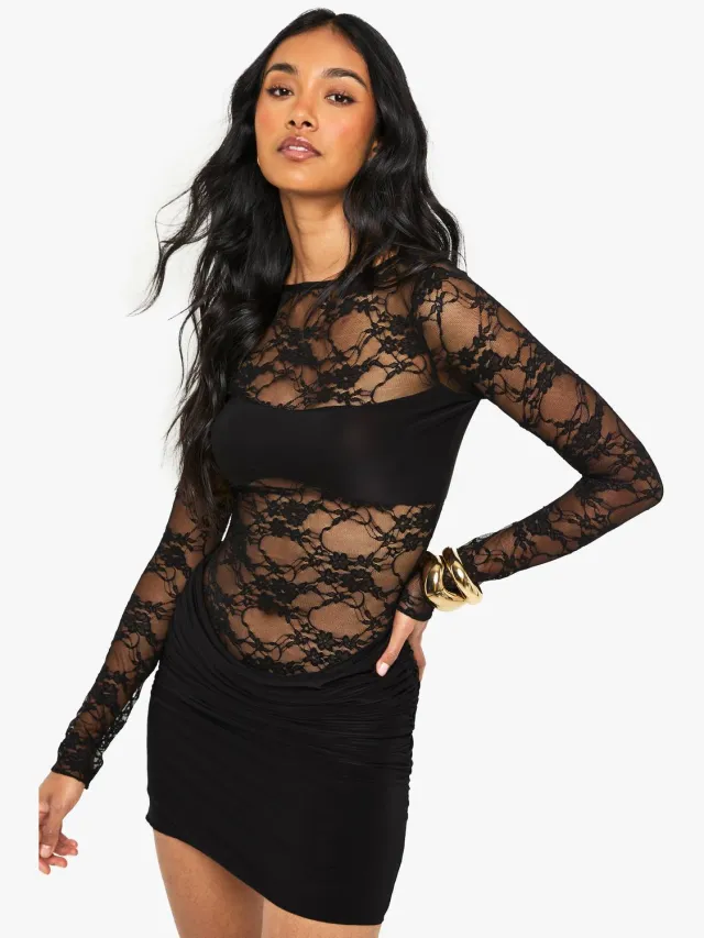 boohoo Dames Kant en Slinky Mix Mini Jurk zwart, foto 3