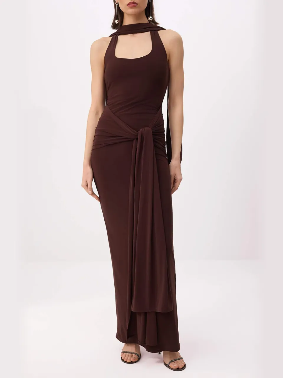 Trendyol TRENDYOLMİLLA Dames Bruin Effen Maxi Mouwloos Recht Avond & Gala Jurk