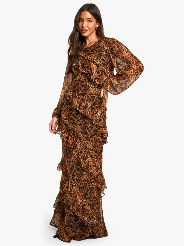 boohoo Dames Luipaard Ruffle Chiffon Maxi-jurk Multicolor