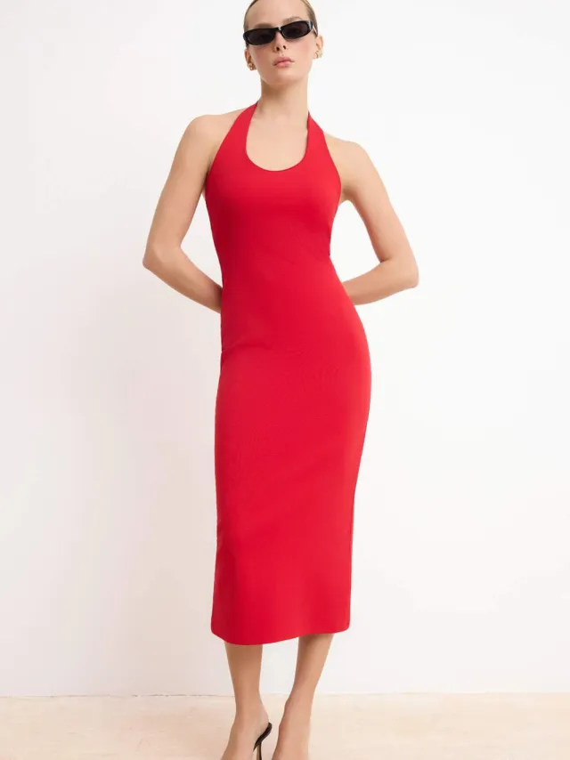 Trendyol TRENDYOLMİLLA Dames Rood Effen Midi Mouwloos Zakelijk Bodycon Jurken