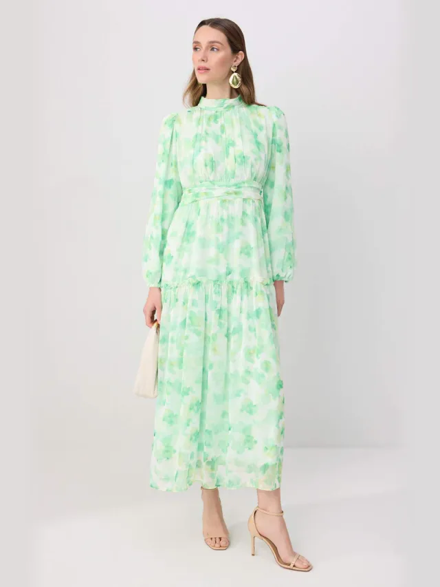 Trendyol Modest Dames Groen Bloemen Maxi Lang Casual Skater Modest Jurken