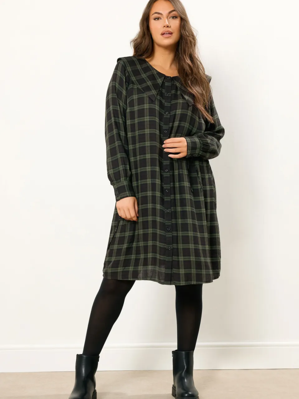 Yours Khaki Groene Geruite Kraag Mini Jurk-52, foto 3