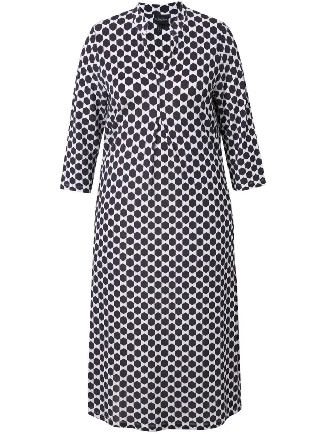 Ulla Popken Dames - Slinky-piqué midi-jurk A-lijn opstaande kraag 3/4-mouwen - Sneeuwwit - Maat 58+