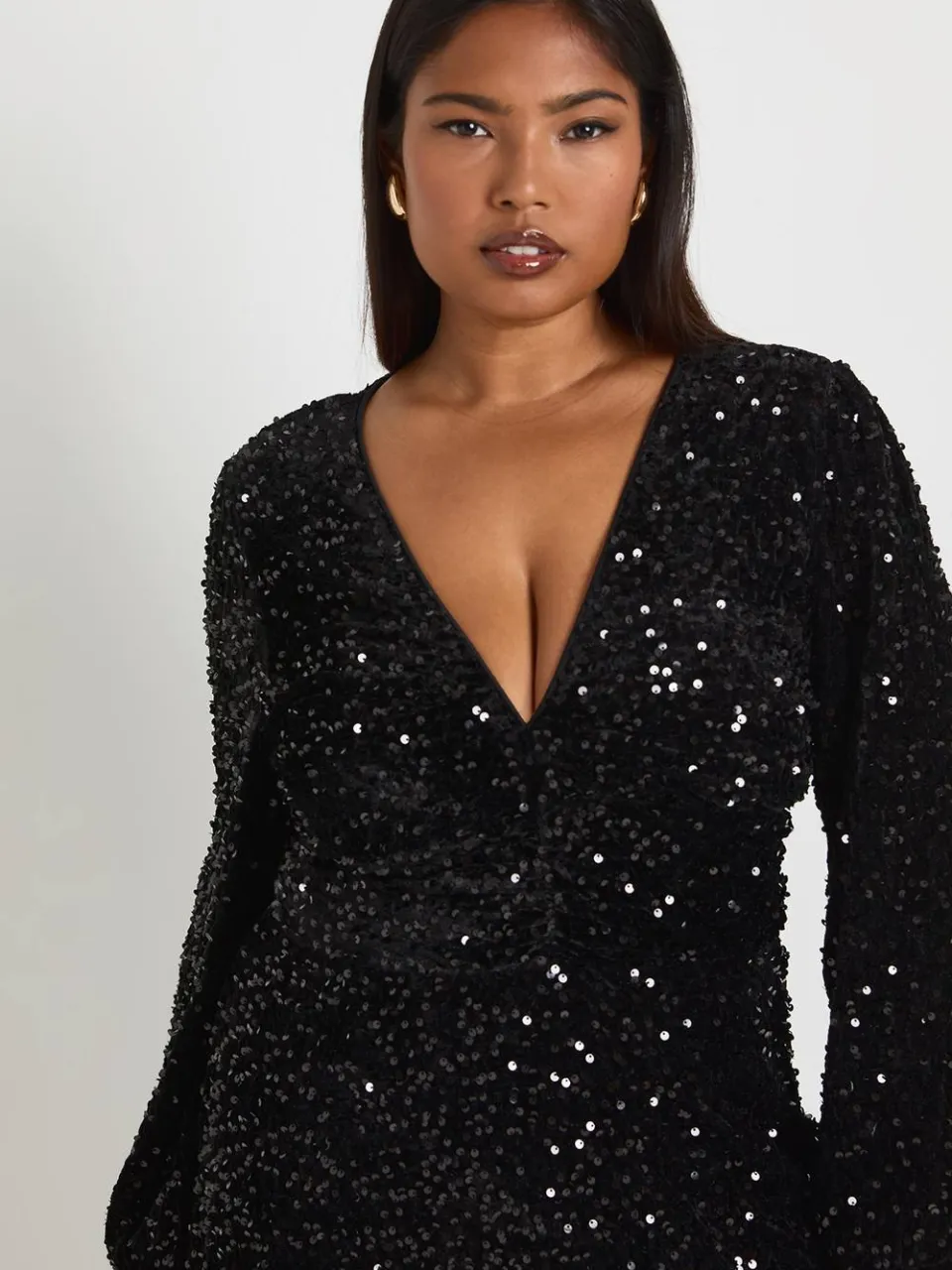 boohoo Dames Plus V-hals fluweel pailletten skaterjurk zwart, foto 4