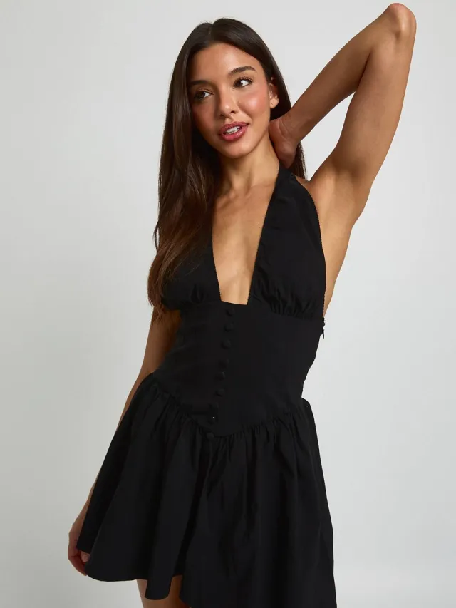 boohoo Dames Bengaline Halter Neck Skater Jurk Met Diepe V-hals Zwart