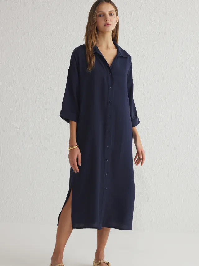 Trendyol TRENDYOLMİLLA Dames Donkerblauw Effen Midi Driekwart mouw Casual Blousejurk Jurken Marineblauw/Blauw