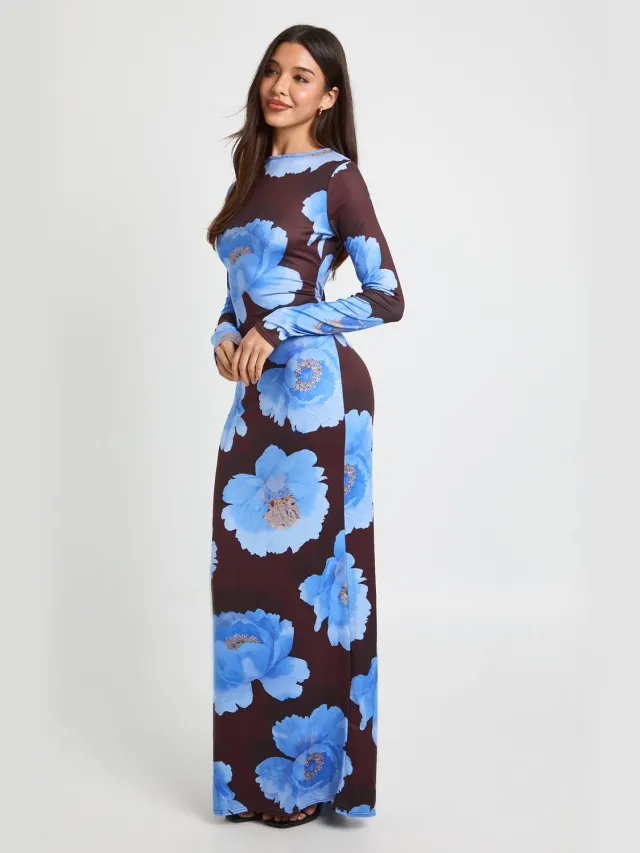 boohoo Dames Lange Bloemenjurk Met Lange Mouwen Chocoladebruin