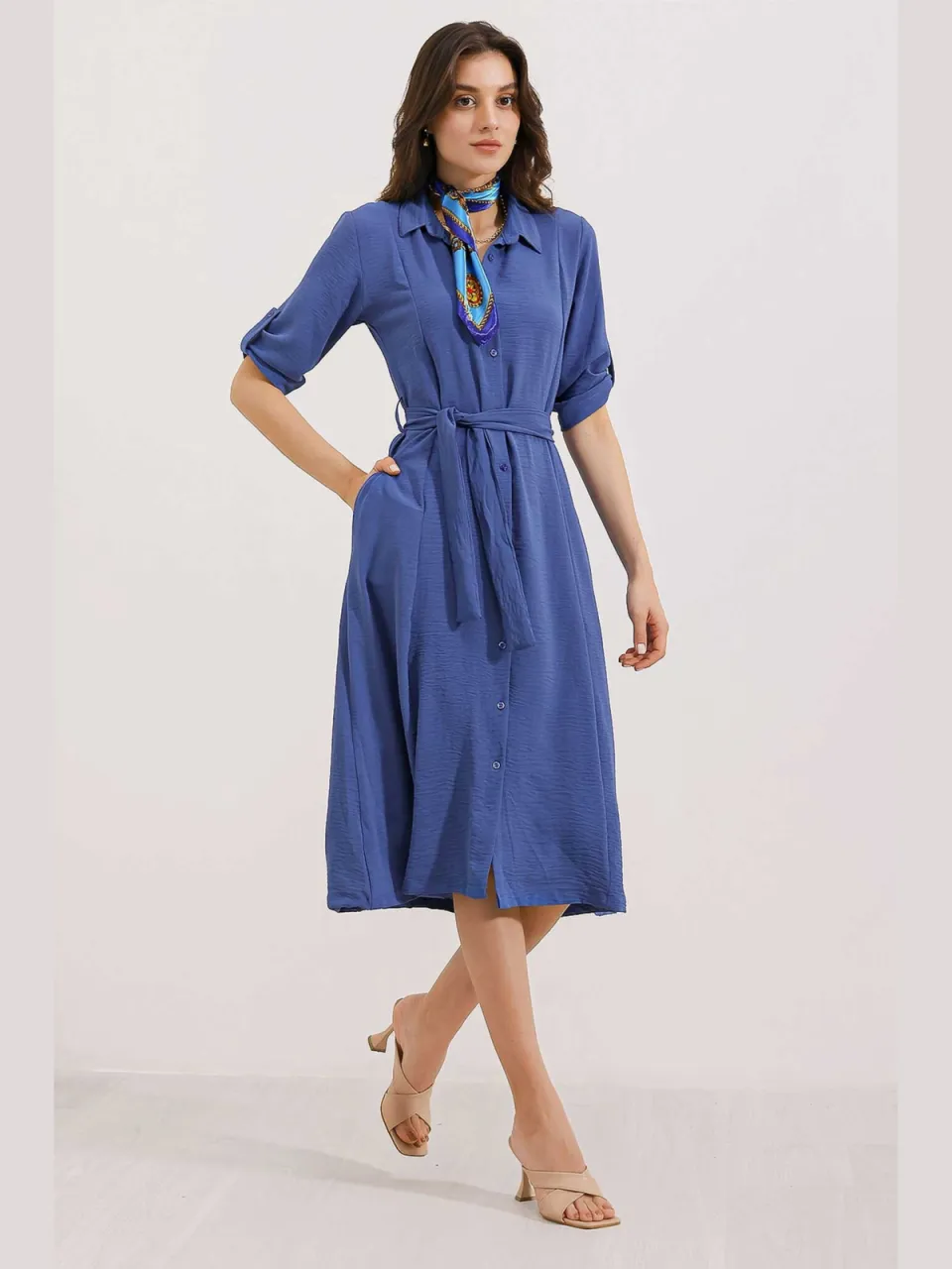 Big Dart Textured Midi-jurk met Strik donker marineblauw, foto 2