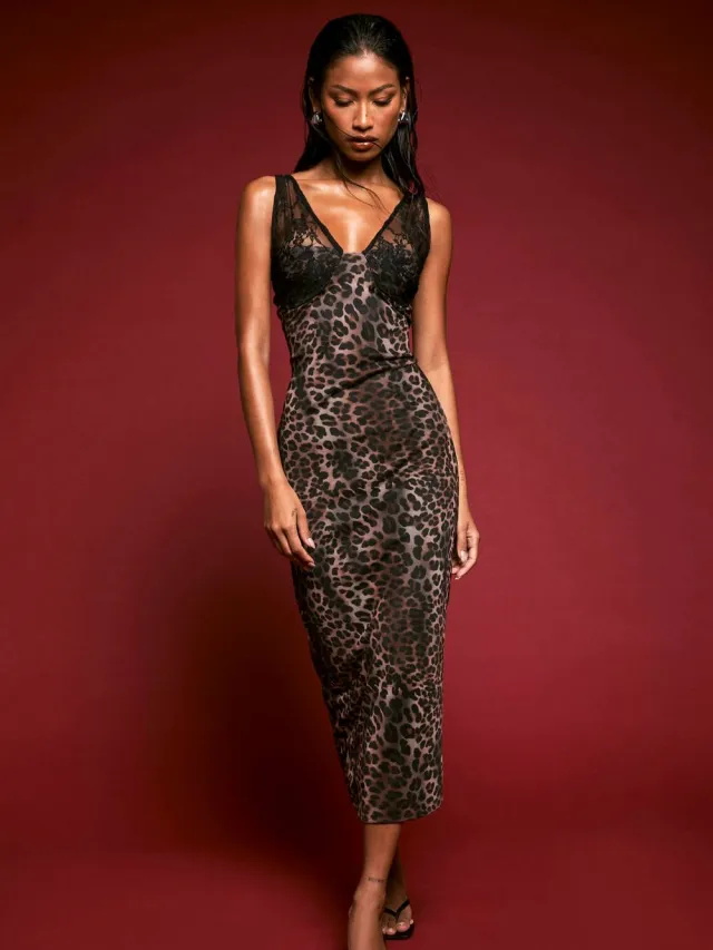 boohoo Dames Leopardprint Bodycon Jurk Met Kanten Cup Detail Luipaardprint
