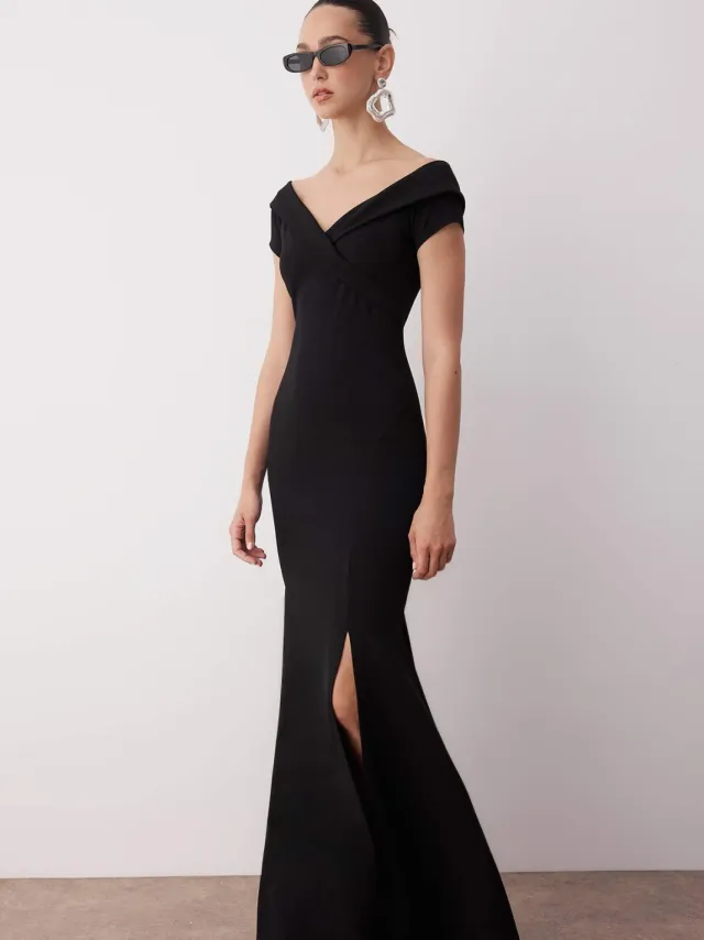 Trendyol TRENDYOLMİLLA Dames Zwart Effen Maxi Kort Stijlvol/Avond Zeemeermin Avond & Gala Jurk