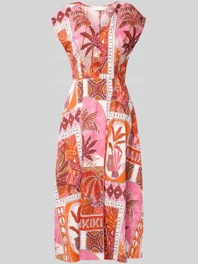 Milano Italy Midi-jurk in allover-look met V-hals felroze, foto 2