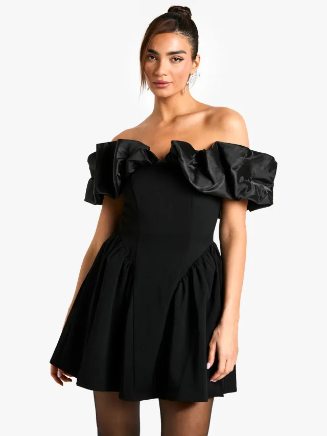 boohoo Dames Extreme Taffeta Ruffle Bardot Gestructureerde Skaterjurk Zwart