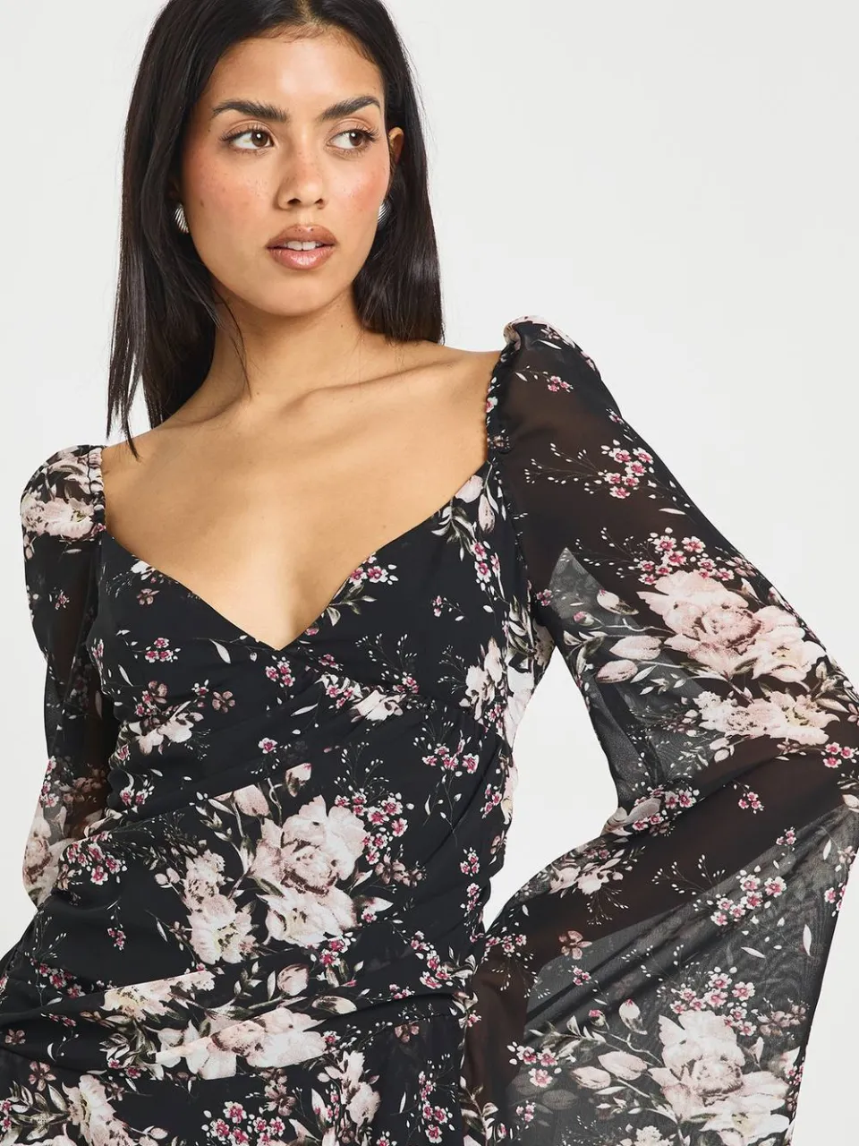 boohoo Dames Bloemenprint Gerimpelde Sweetheart Geplooide Skater Jurk zwart, foto 4