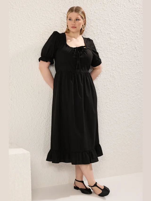 Trendyol Curve Dames Zwart Effen Midi Kort Casual A-lijn Grote maten Jurk