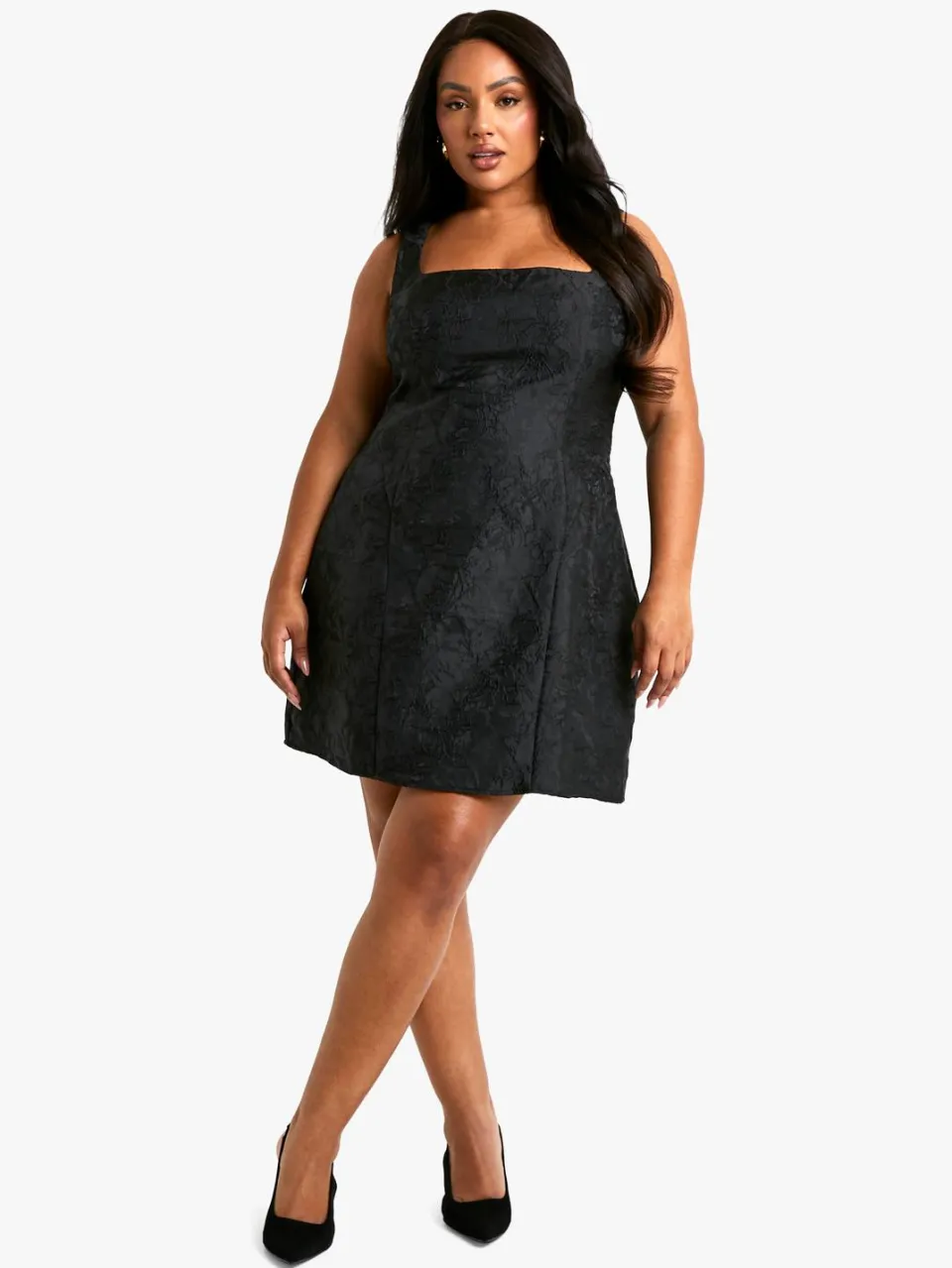 boohoo Dames Plus Jacquard Jurk met Vierkante Hals en Skater Silhouette zwart, foto 3