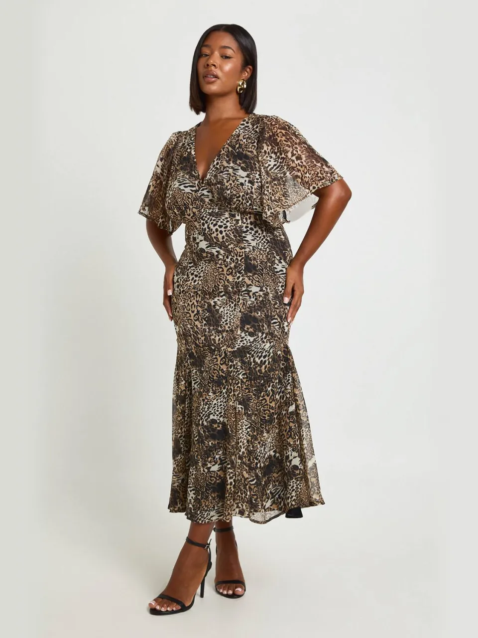 boohoo Dames Plus Luipaard Engelmouw Midaxi-jurk bruin, foto 2