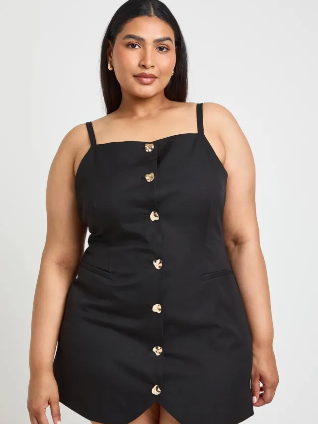 boohoo Dames Plus Gouden Knopen Gilet Jurk Zwart