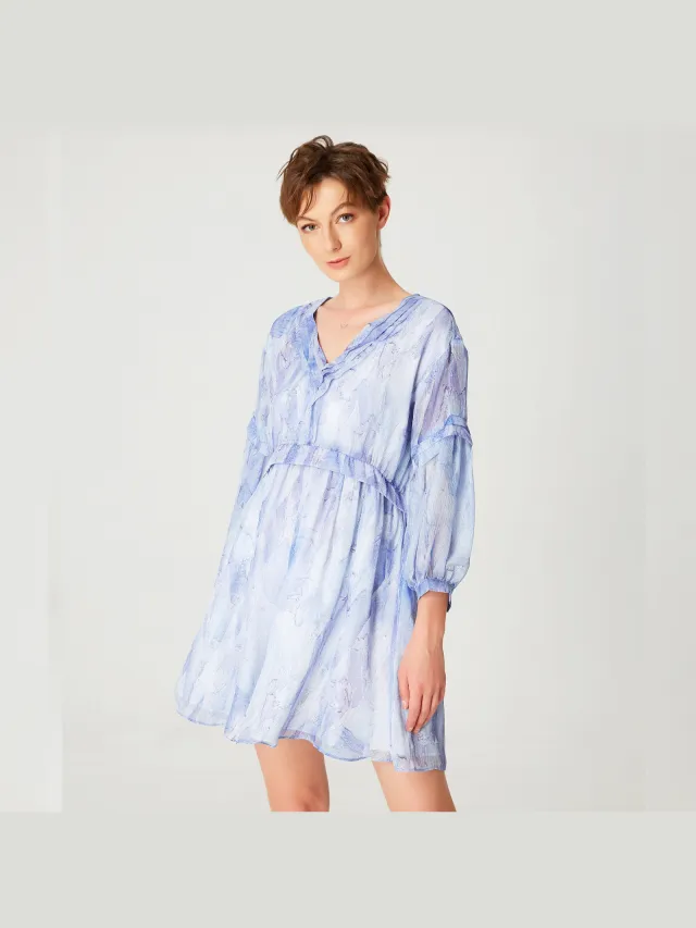 Smart & Joy Korte trapeze chiffon jurk met abstracte print Hemelsblauw