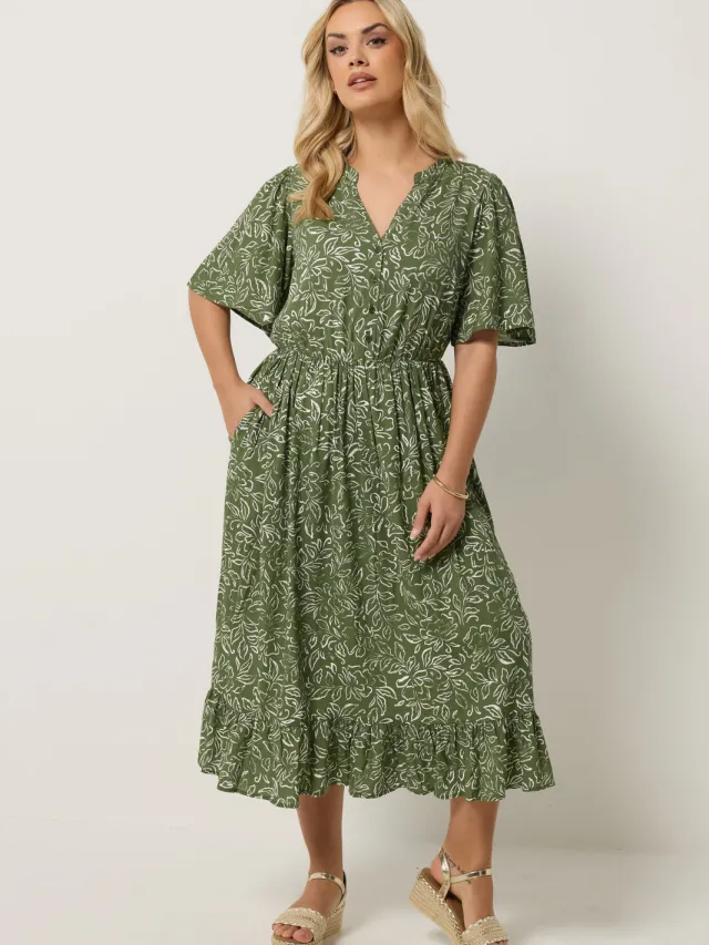 Yours Kaki Groene Midijurk Met Bloemenprint-60 Green