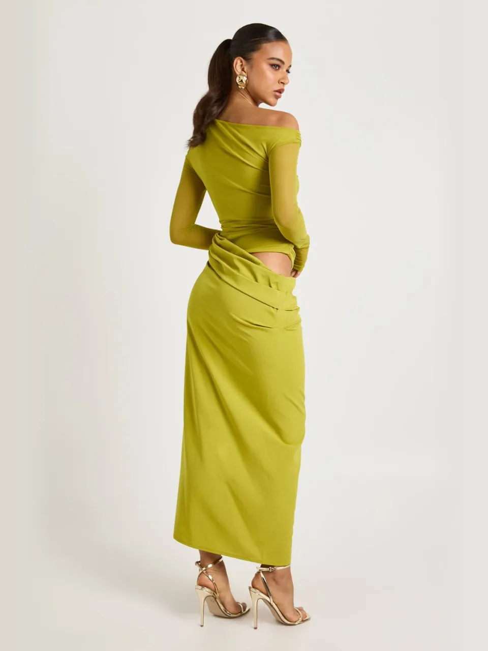 boohoo Dames Mesh Mix Gedrapeerde Midaxi Jurk chartreuse, foto 2