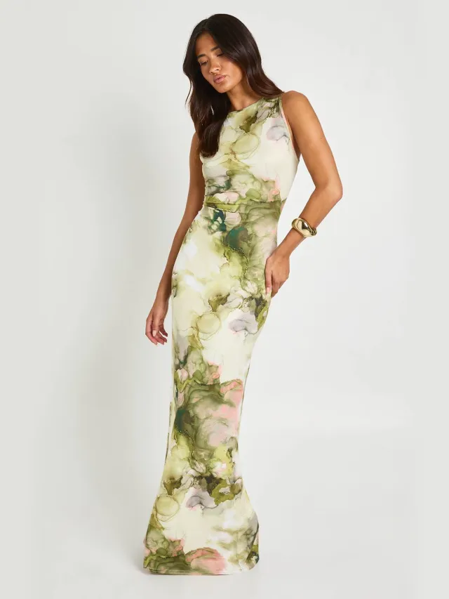 boohoo Dames Maxi-jurk Met Marmerprint Abstract Super Zacht Limoen