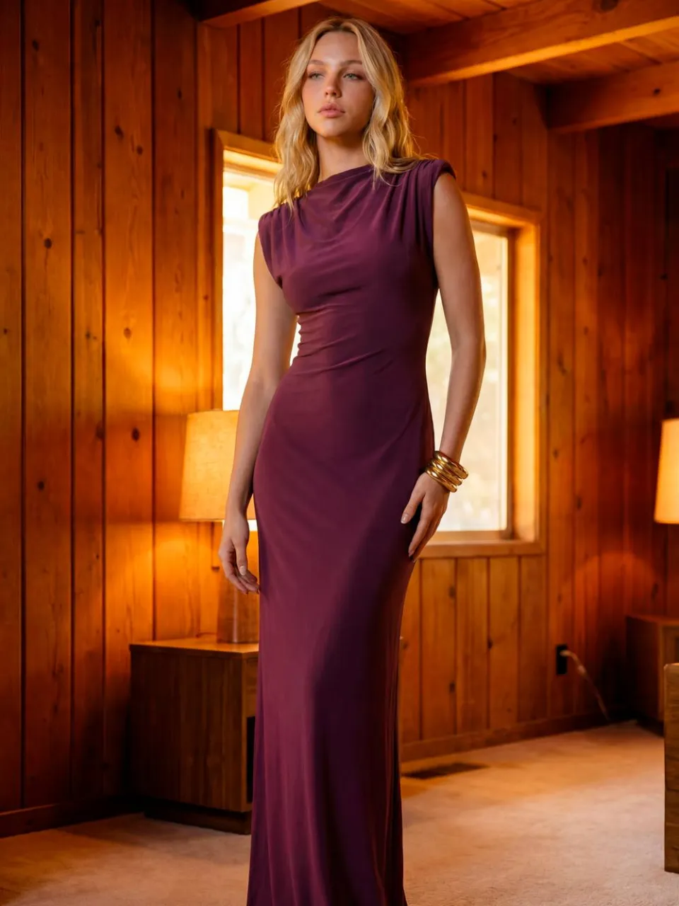 boohoo Dames Maxi Jurk Met Schoudervulling, Open Rug En Lage Taille Pruim