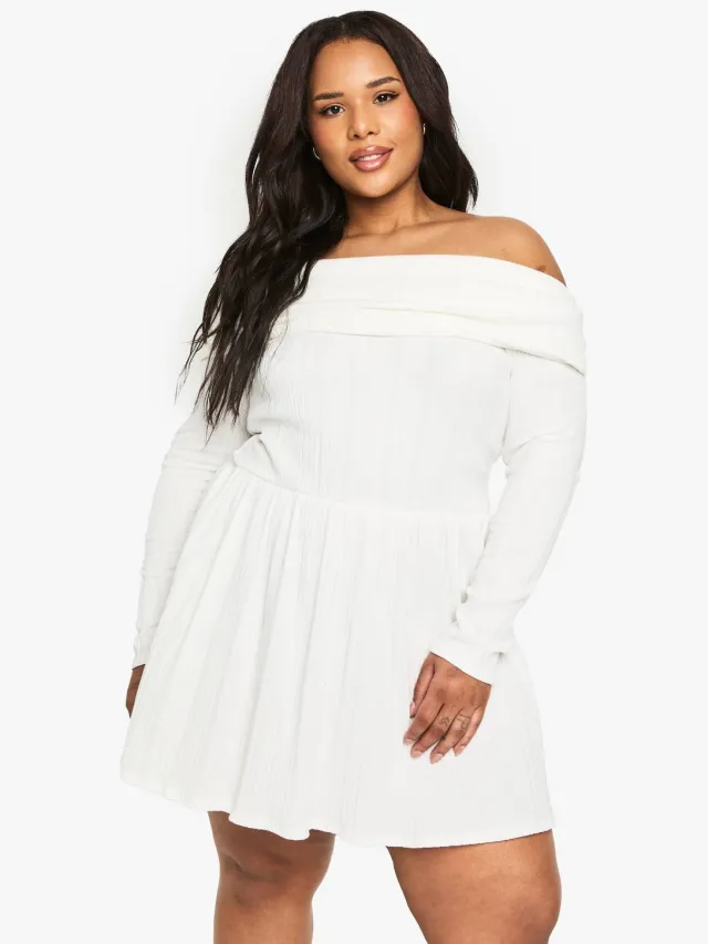 boohoo Dames Plus Cotton Rib Bardot Skater Jurk Crème
