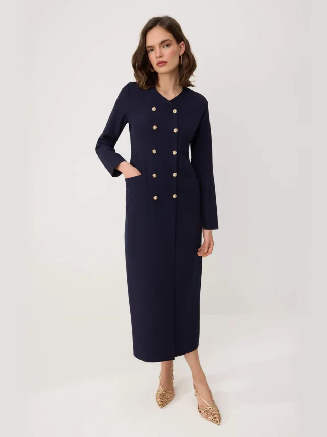 Trendyol Modest Dames Donkerblauw Effen Maxi Lang Zakelijk Double-breasted Modest Jurken Marineblauw/Blauw