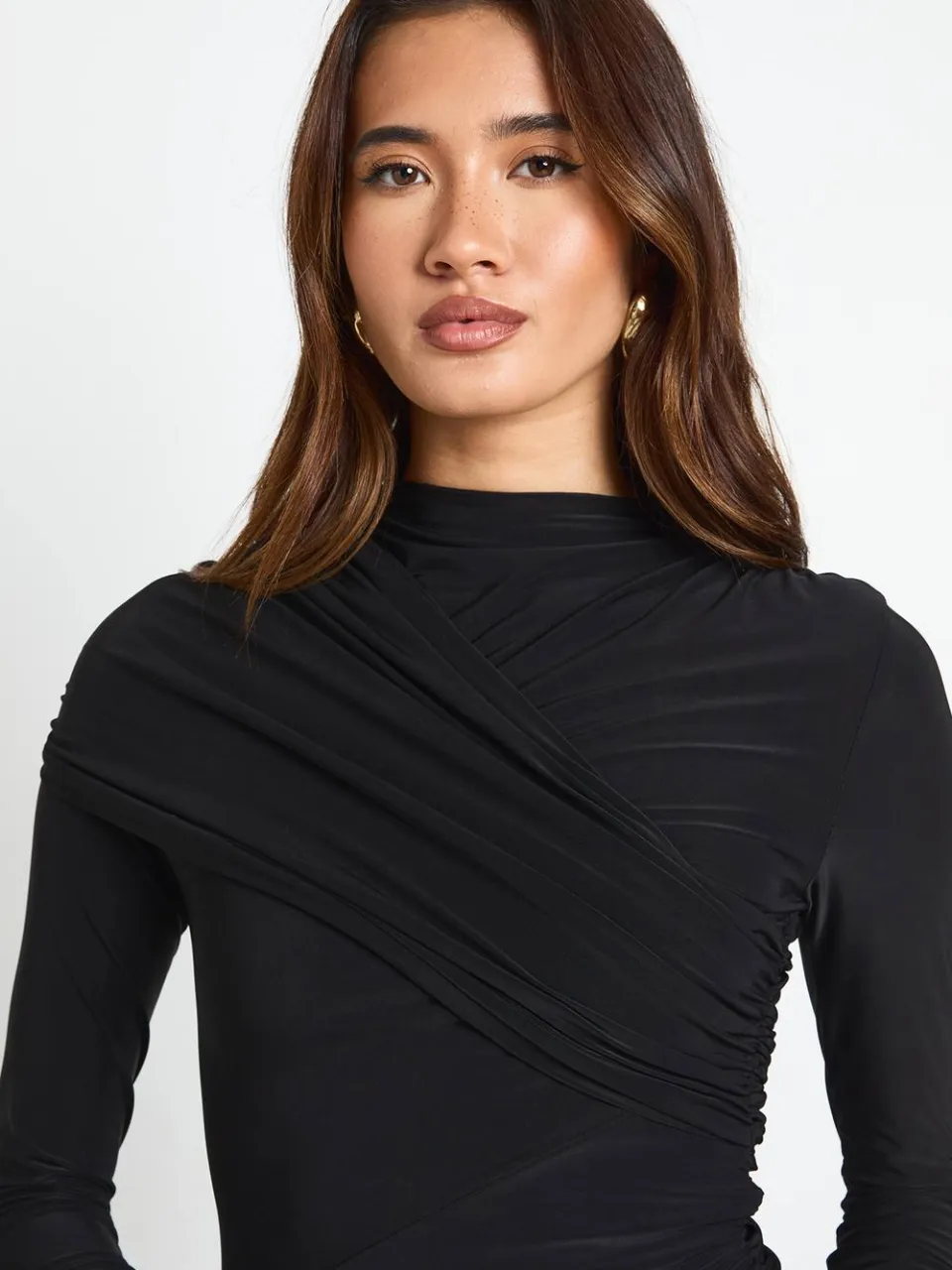 boohoo Dames Minijurk met hoge hals en draperie zwart, foto 4