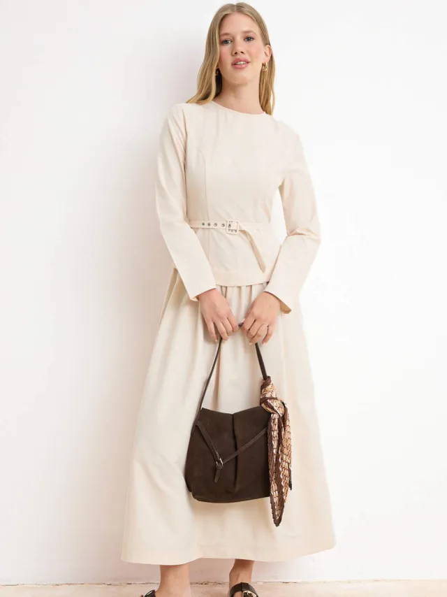 Trendyol Modest Dames Beige Effen Maxi Lang Casual Skater Modest Jurken