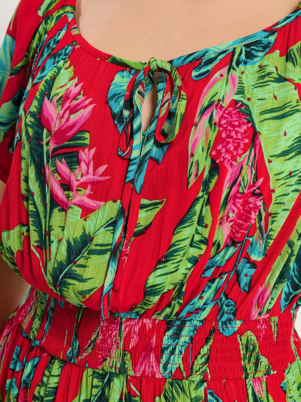 Yours Rood Tropisch Strik Bardot Maxi Jurk-60, foto 4