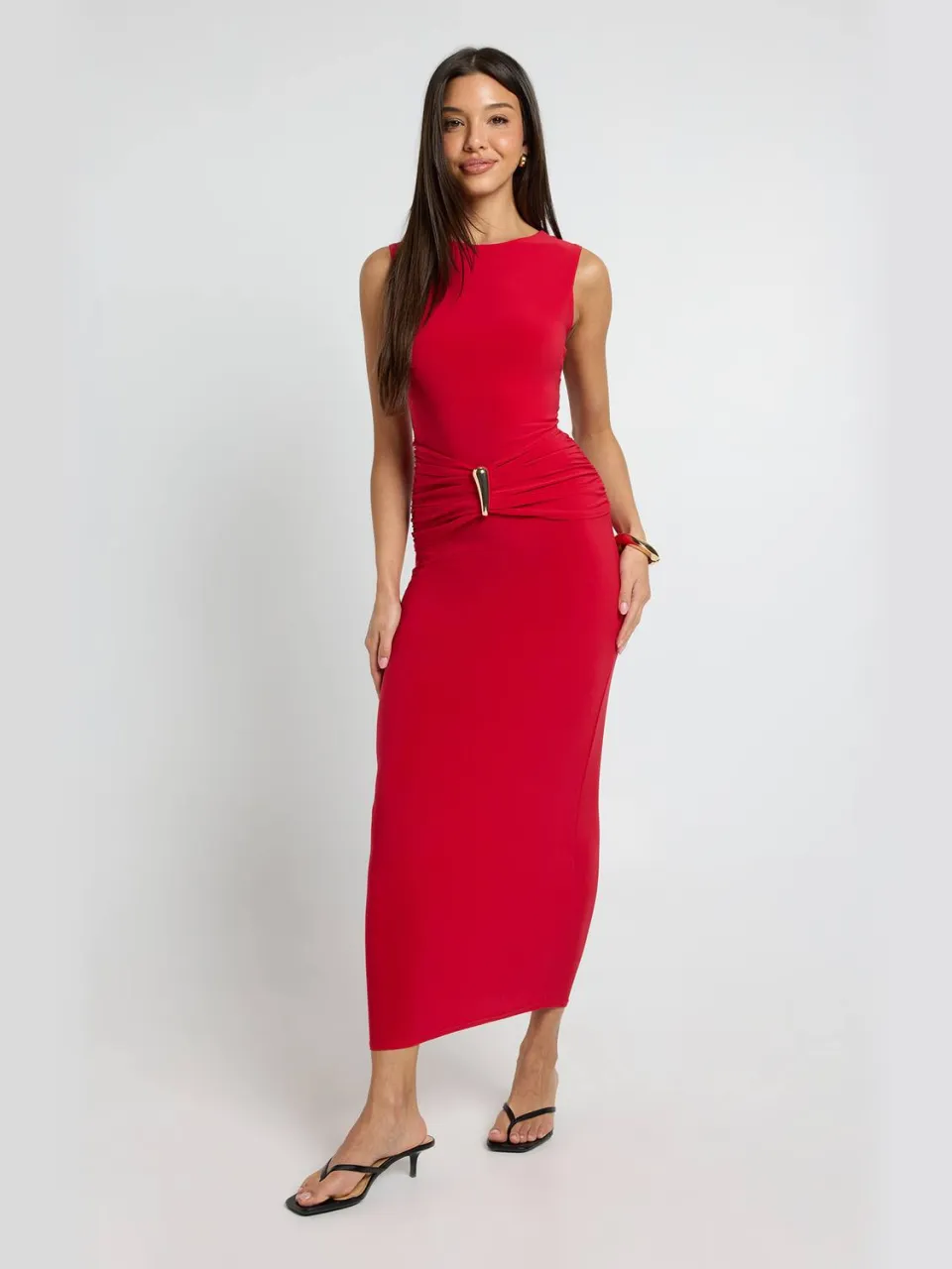 boohoo Dames Dubbellaags Slinky Maxi-jurk Met Goudkleurig Detail En Plooien, foto 3