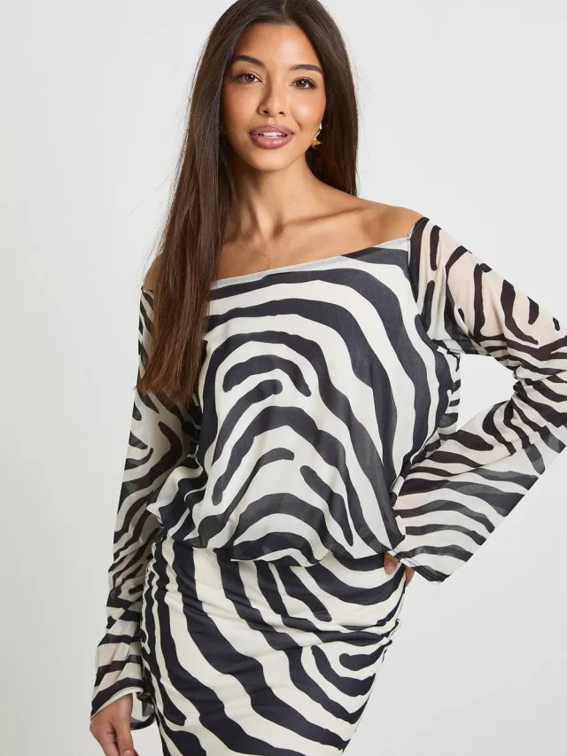 boohoo Dames Zebra-geprinte mini-jurk met lange mouwen en draperende rug Zwart