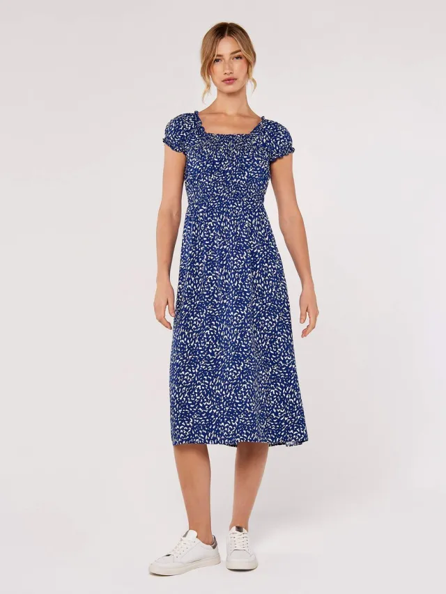 Apricot Midi-jurk met melkmeisjesprint blauw