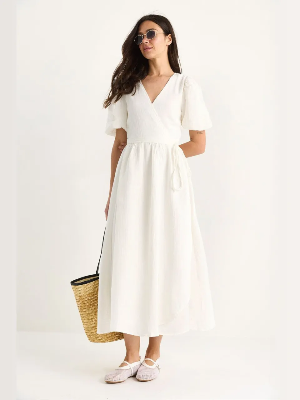 Bianco Lucci Gestructureerde V-hals Midi-jurk met Wikkelsluiting beige, foto 2